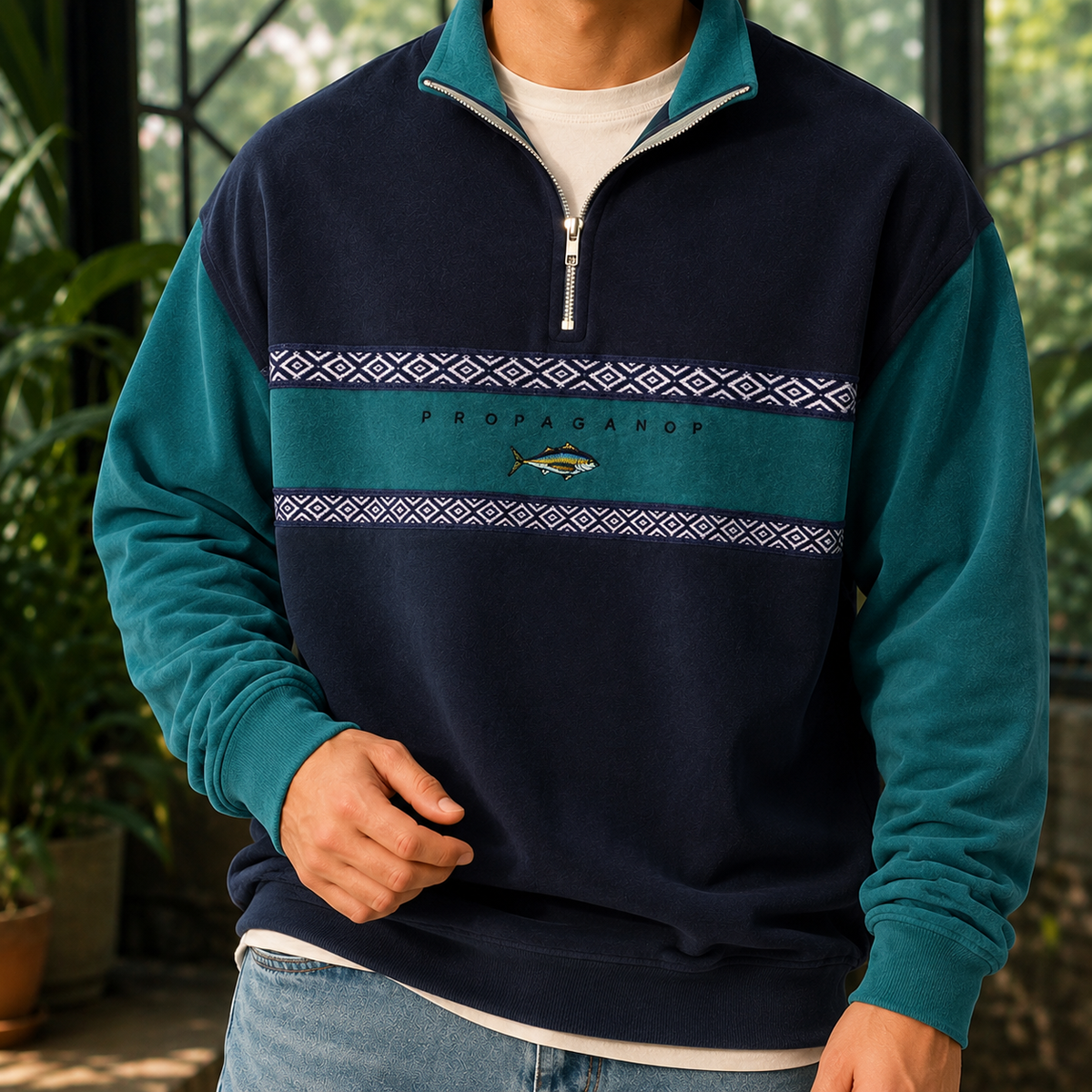 Arkon Sweatshirt mit Viertelreißverschluss und geometrischen Brustbändern