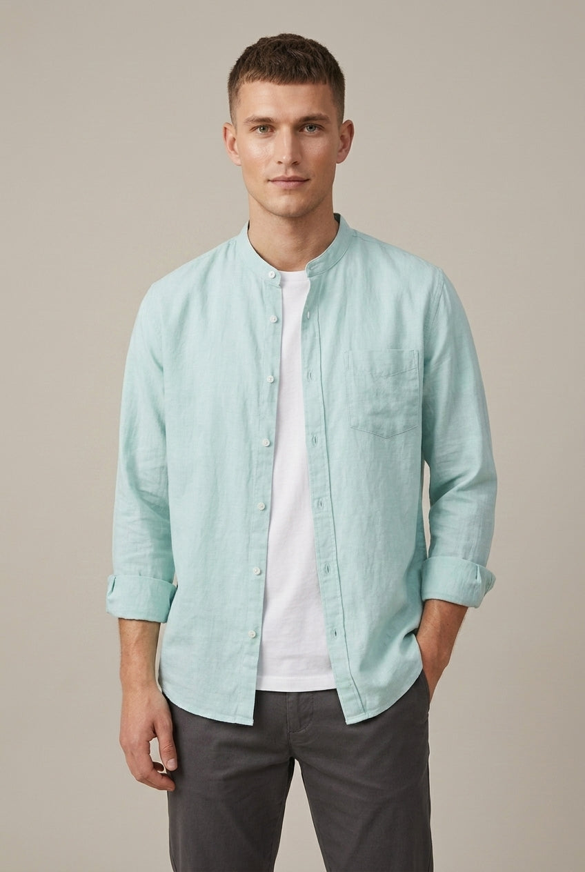 Camisa de manga larga de mezcla de lino con cuello mao para hombre Arkon