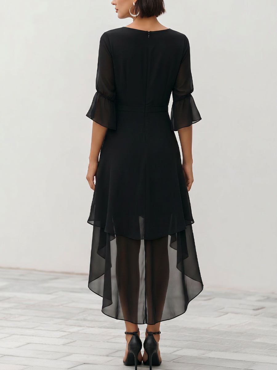 Robe Zafren noire en mousseline superposée, ourlet asymétrique
