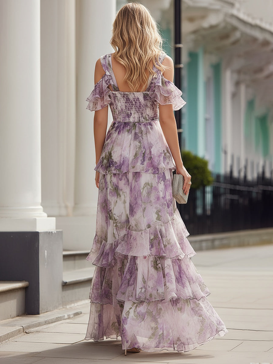 Robe longue Zafren lavande à fleurs et à volants superposés