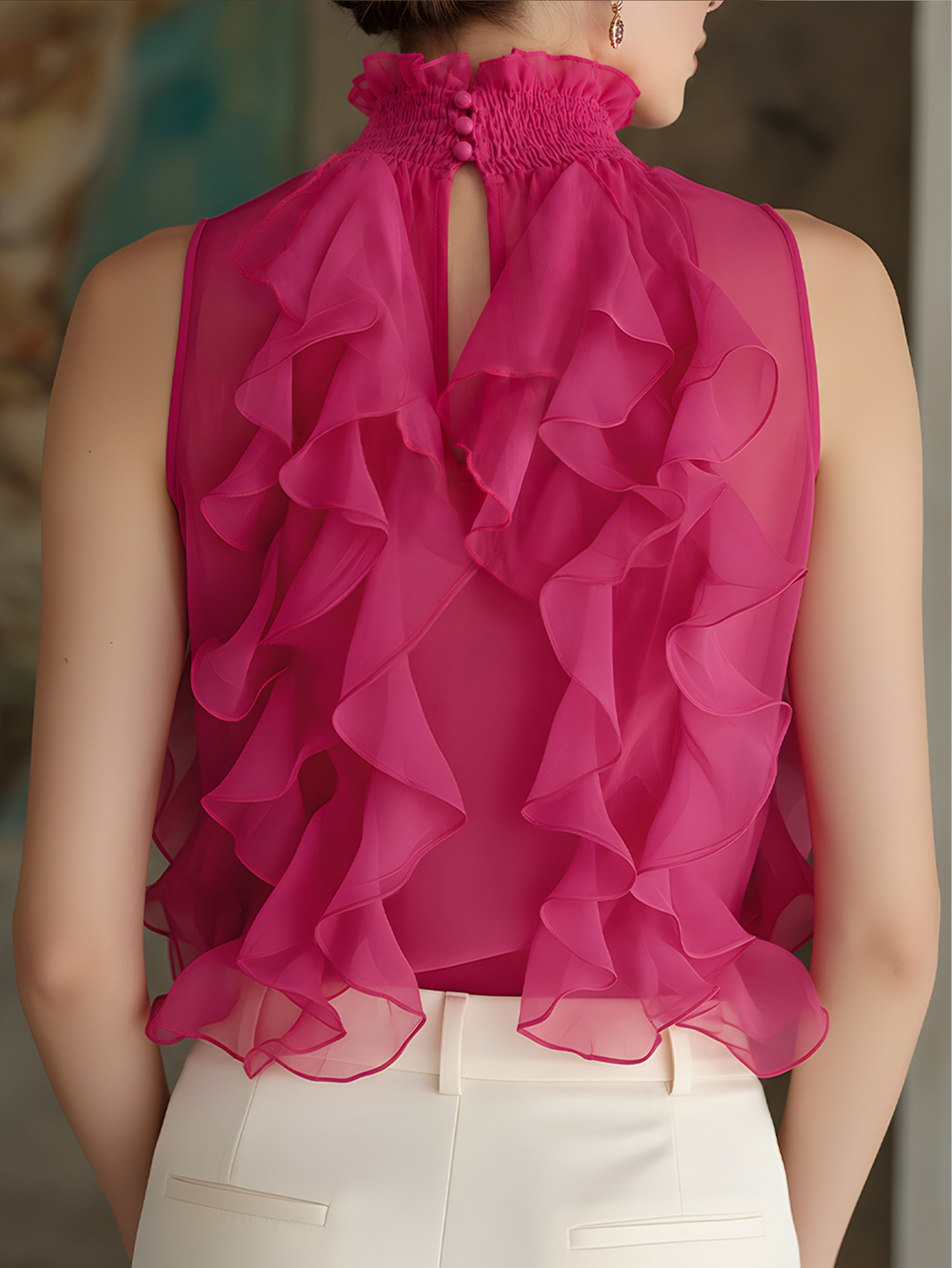 Blouse rose sans manches à volants sur le devant Zafren