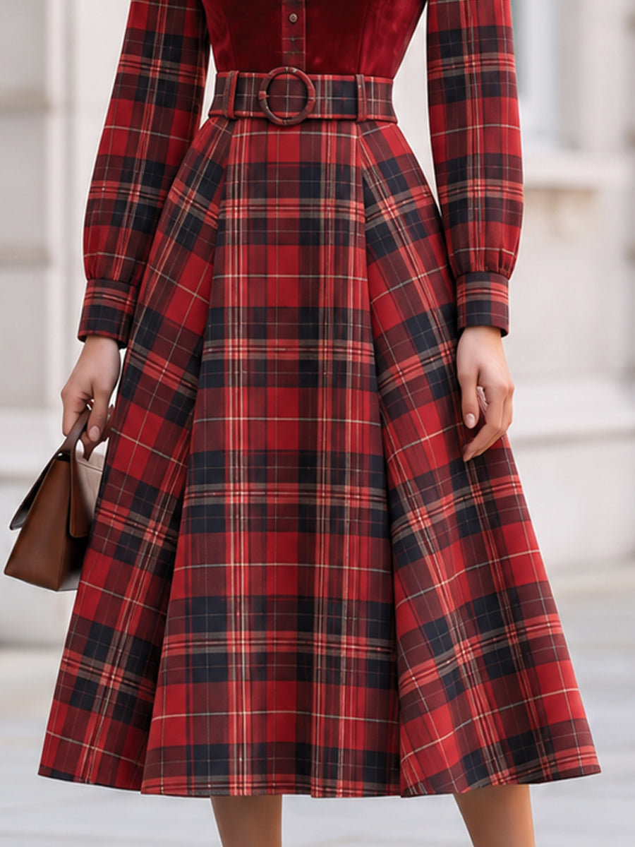 Zafren Red Tartan Velvet Midi Dress