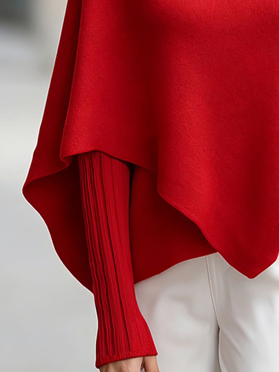Zafren Red Turtleneck Asymmetric Poncho Sweater