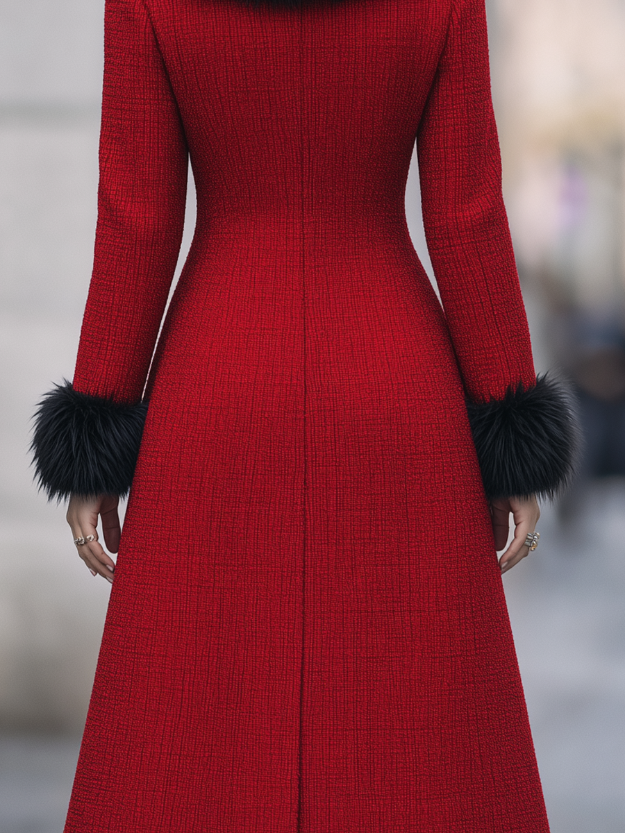 Cappotto rosso in tweed Zafren con profili in pelliccia
