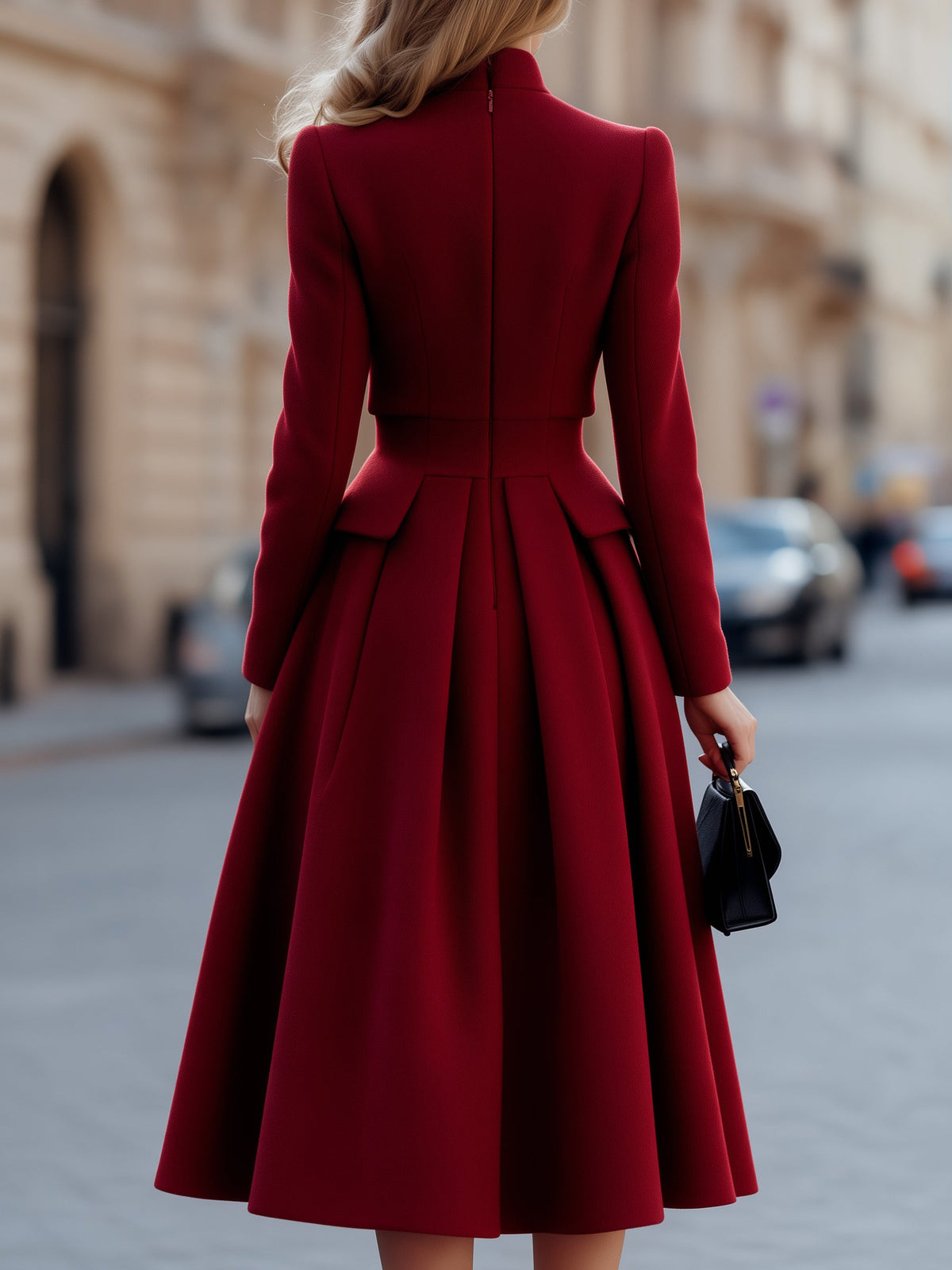 Zafren Red Wool Peplum Midi Dress