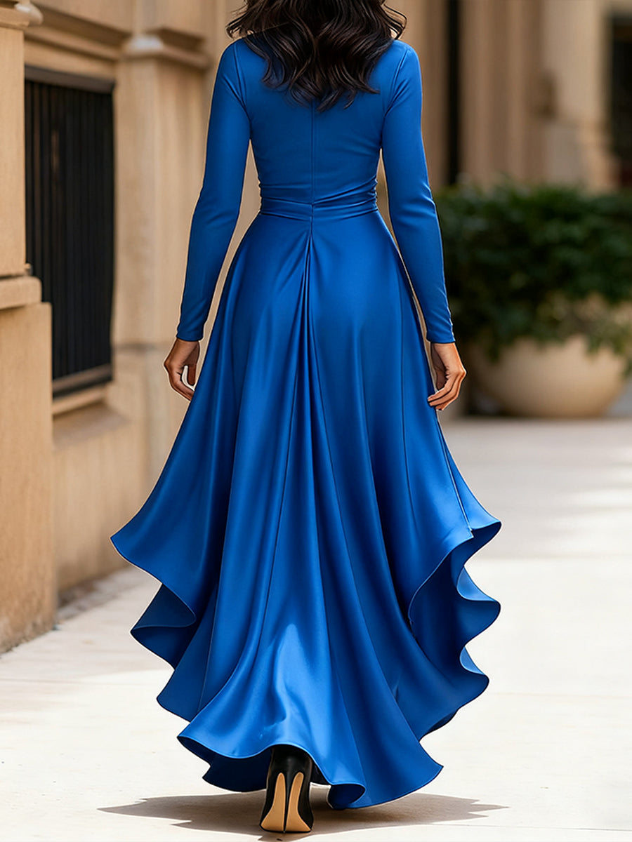 Zafren Satin Wrap Ruffle Maxi Dress
