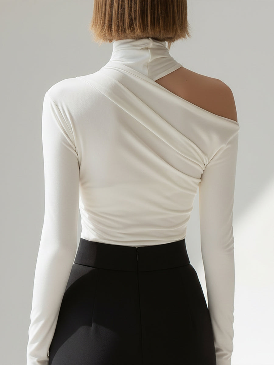 Zafren White Asymmetric Draped High-Neck Blouse