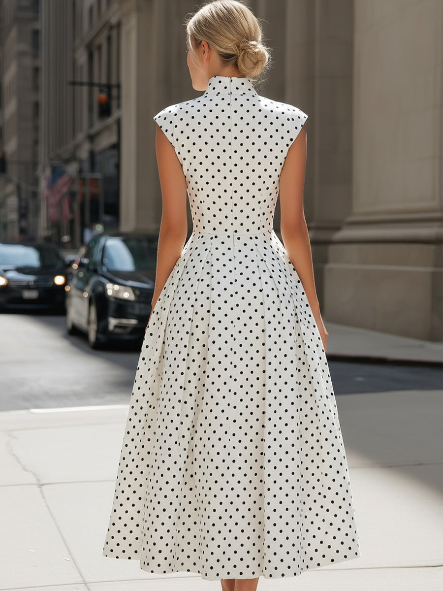 Zafren White Mock Neck Dotted Dress