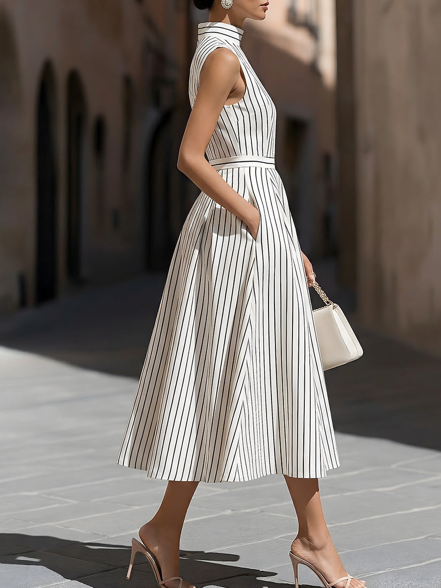 Zafren White Pinstripe High-Neck Midi Dress