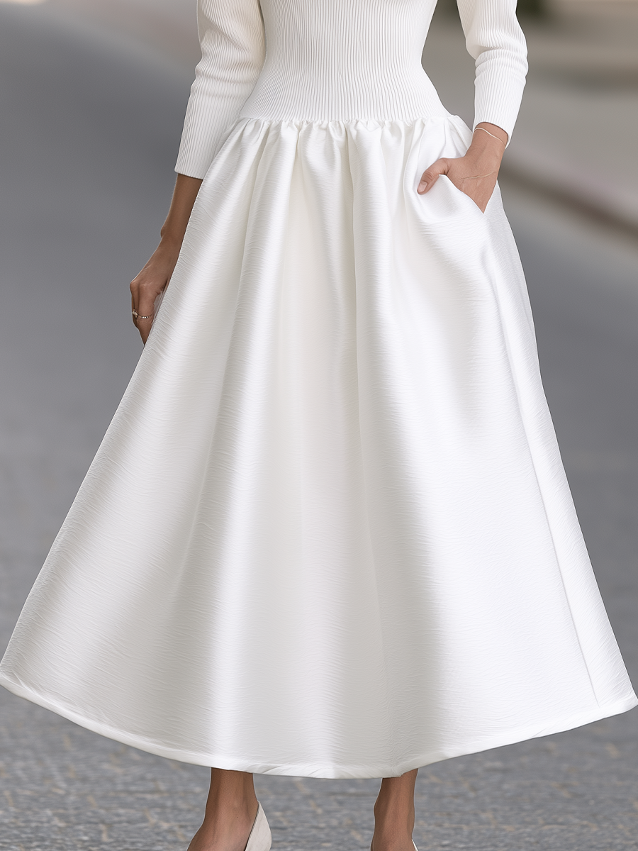 Zafren White Textured Drop Waist Dress