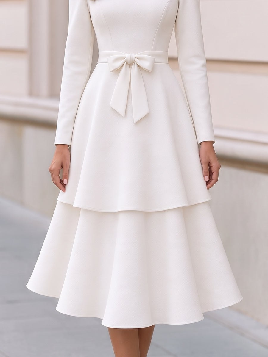 Zafren White Tiered Bow Waist Dress
