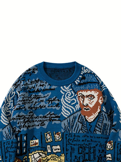 Arkon jacquardstickad pullover med porträttmotiv och rund halsringning