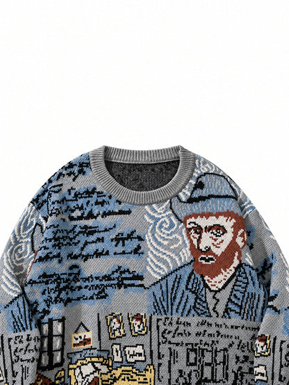 Arkon jacquardstickad pullover med porträttmotiv och rund halsringning