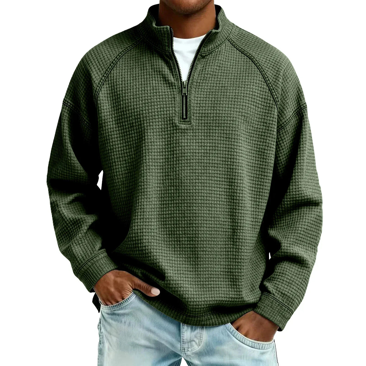 Arkon Męski sweter pulowerowy z dzianiny waflowej i zamkiem 1/4, swobodny fason, casualowy top
