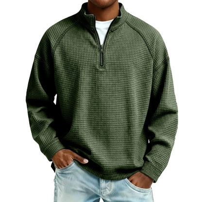 Arkon Męski sweter pulowerowy z dzianiny waflowej i zamkiem 1/4, swobodny fason, casualowy top
