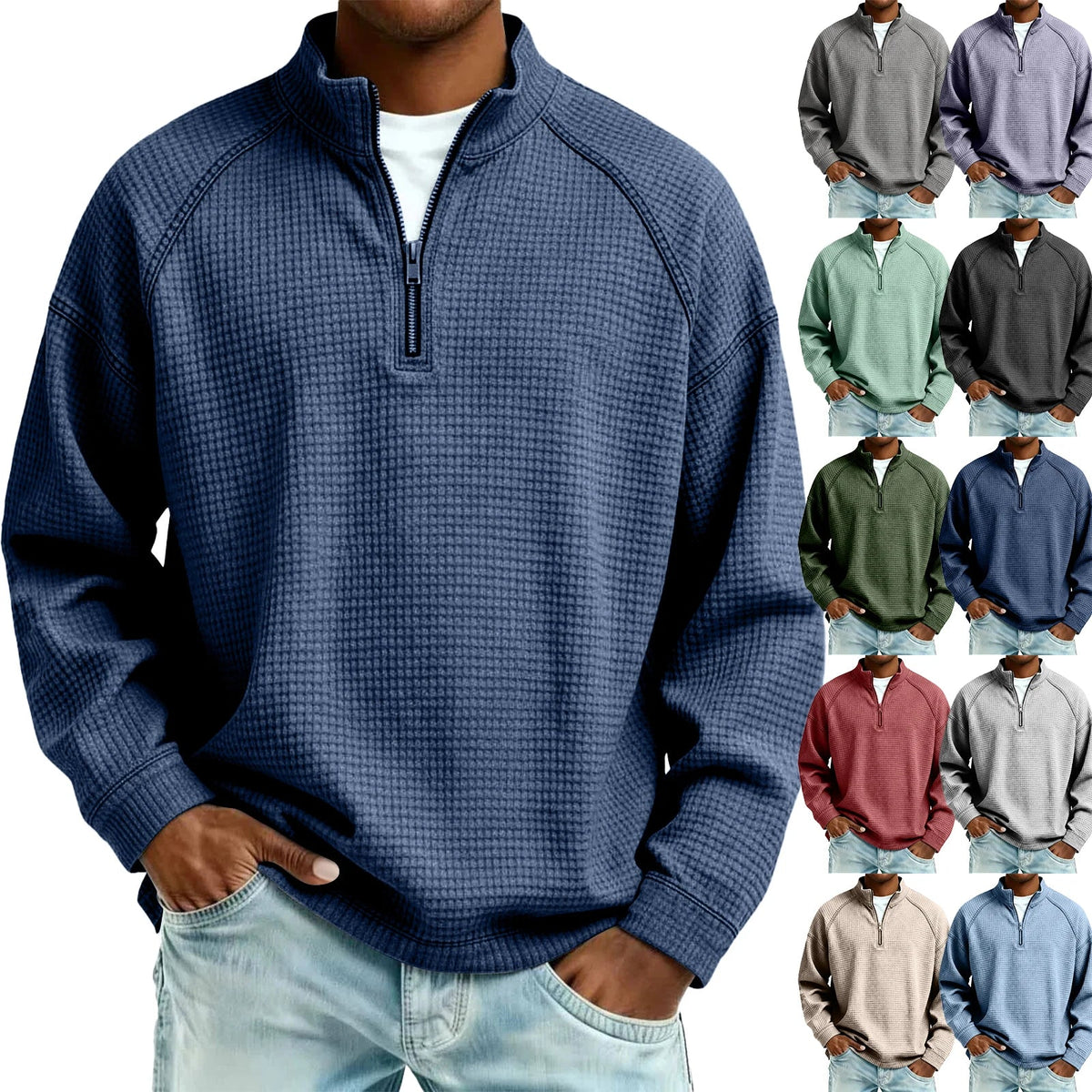 Arkon Męski sweter pulowerowy z dzianiny waflowej i zamkiem 1/4, swobodny fason, casualowy top