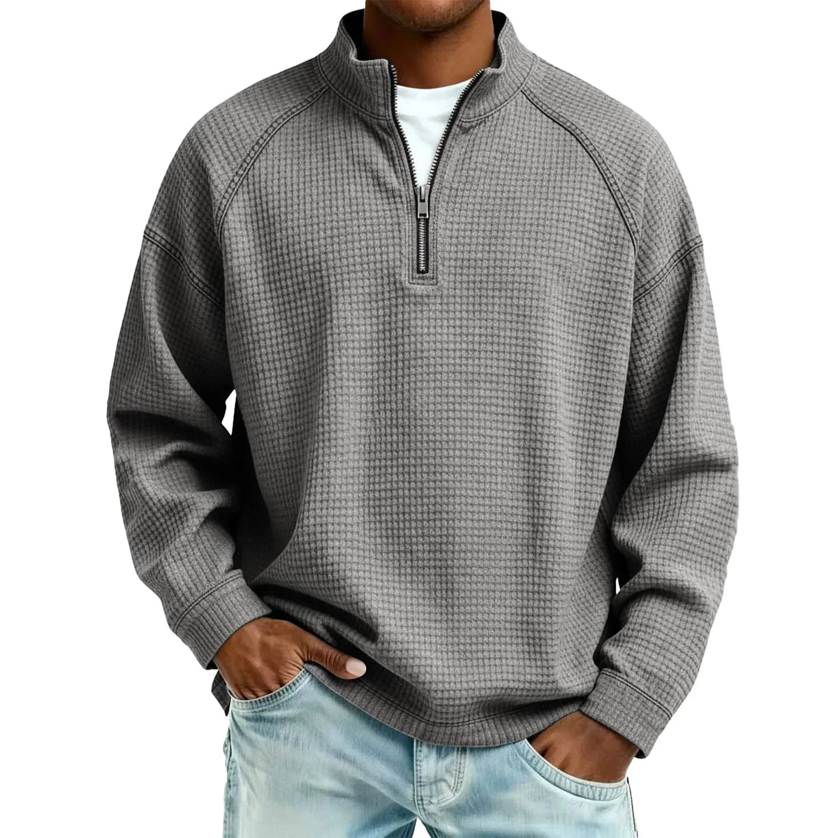 Arkon Męski sweter pulowerowy z dzianiny waflowej i zamkiem 1/4, swobodny fason, casualowy top
