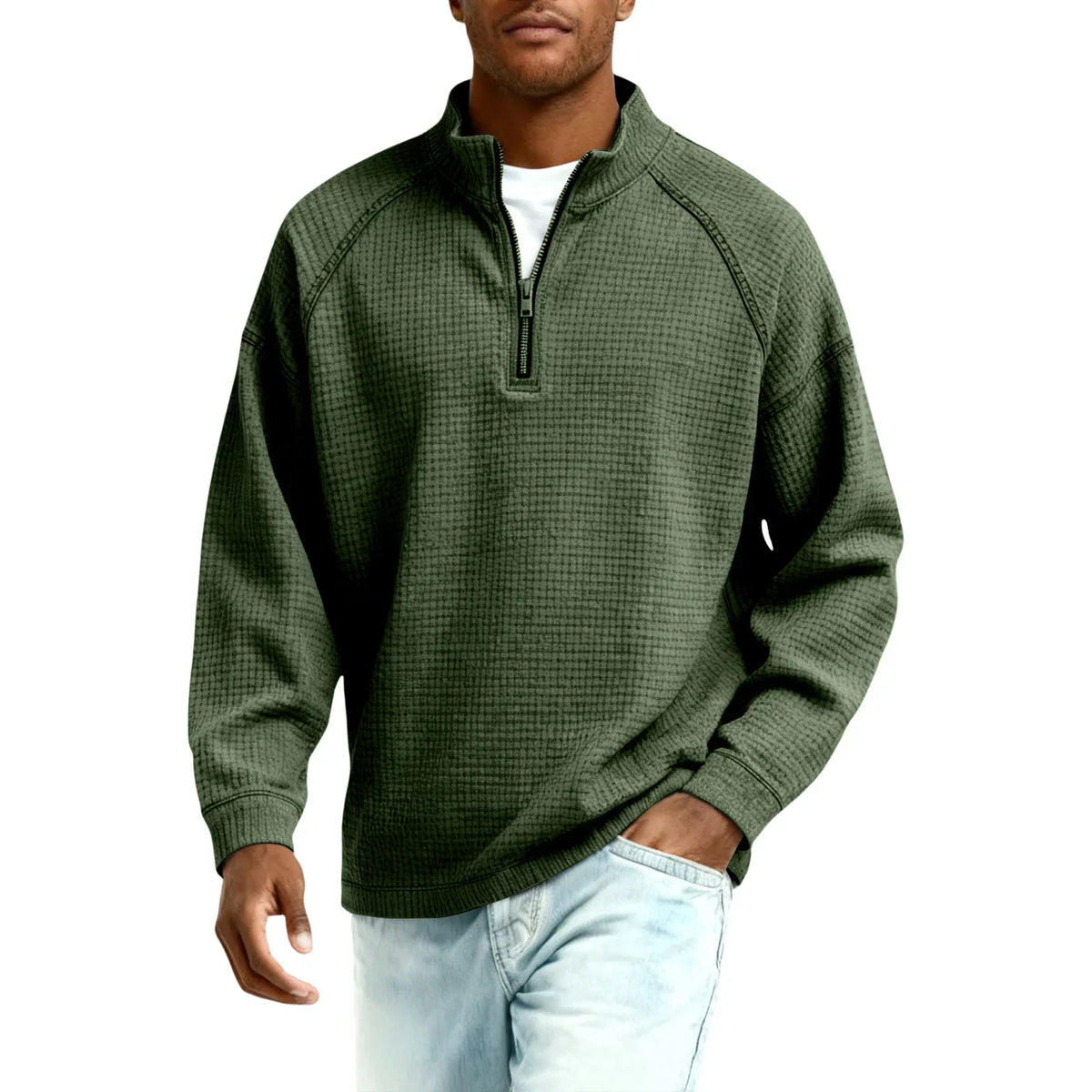 Arkon Męski sweter pulowerowy z dzianiny waflowej i zamkiem 1/4, swobodny fason, casualowy top