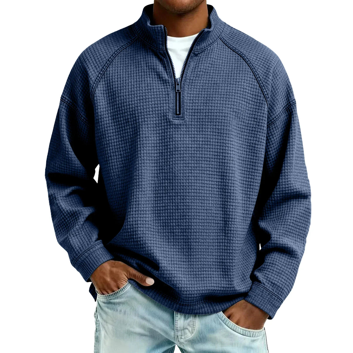 Arkon Męski sweter pulowerowy z dzianiny waflowej i zamkiem 1/4, swobodny fason, casualowy top