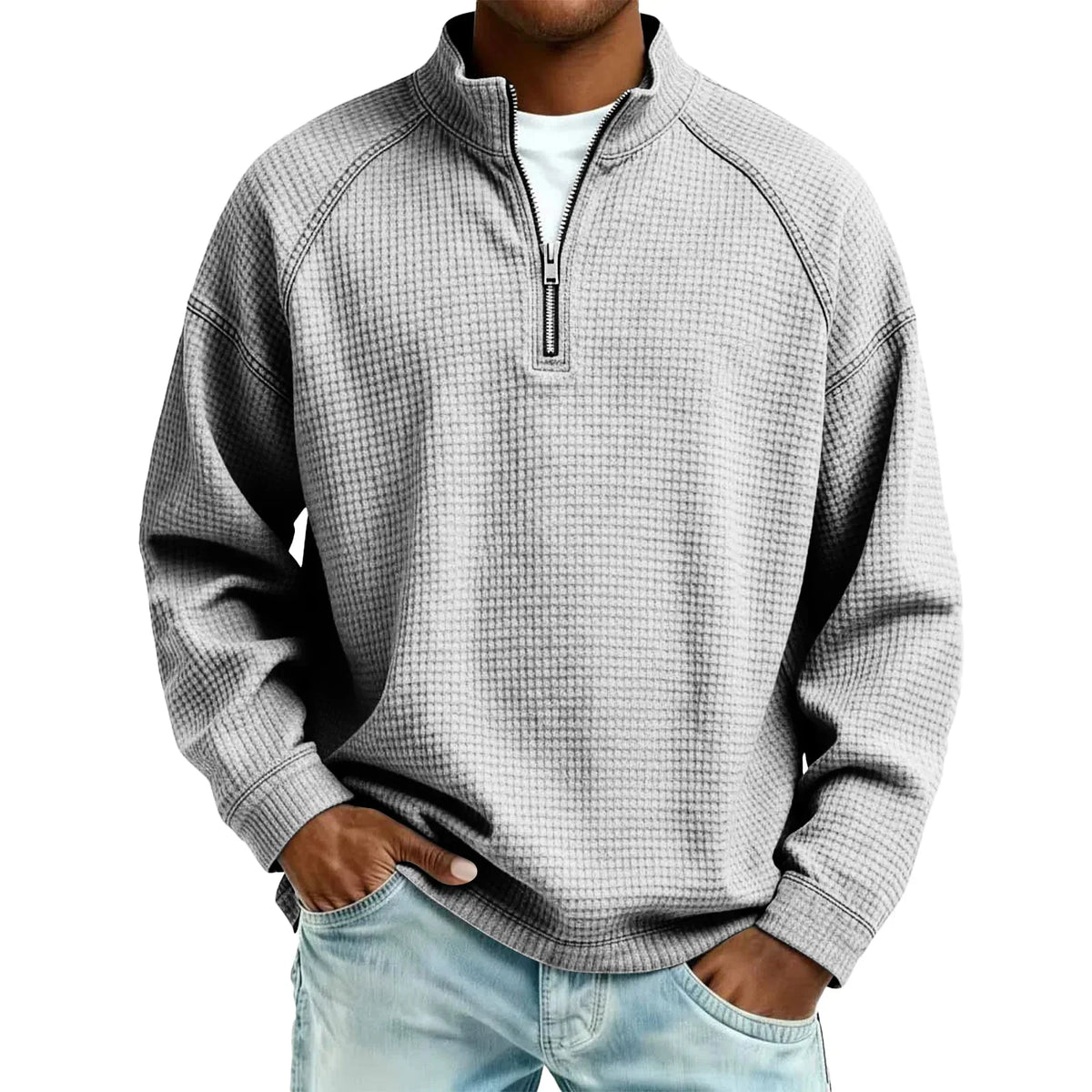 Arkon Męski sweter pulowerowy z dzianiny waflowej i zamkiem 1/4, swobodny fason, casualowy top