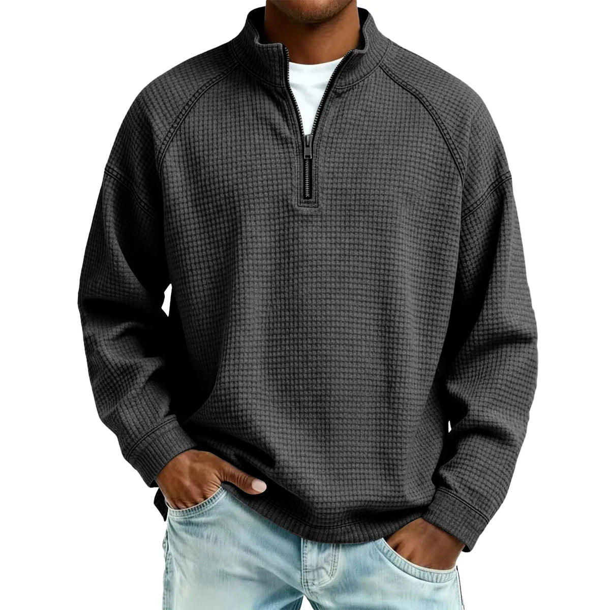 Arkon Męski sweter pulowerowy z dzianiny waflowej i zamkiem 1/4, swobodny fason, casualowy top