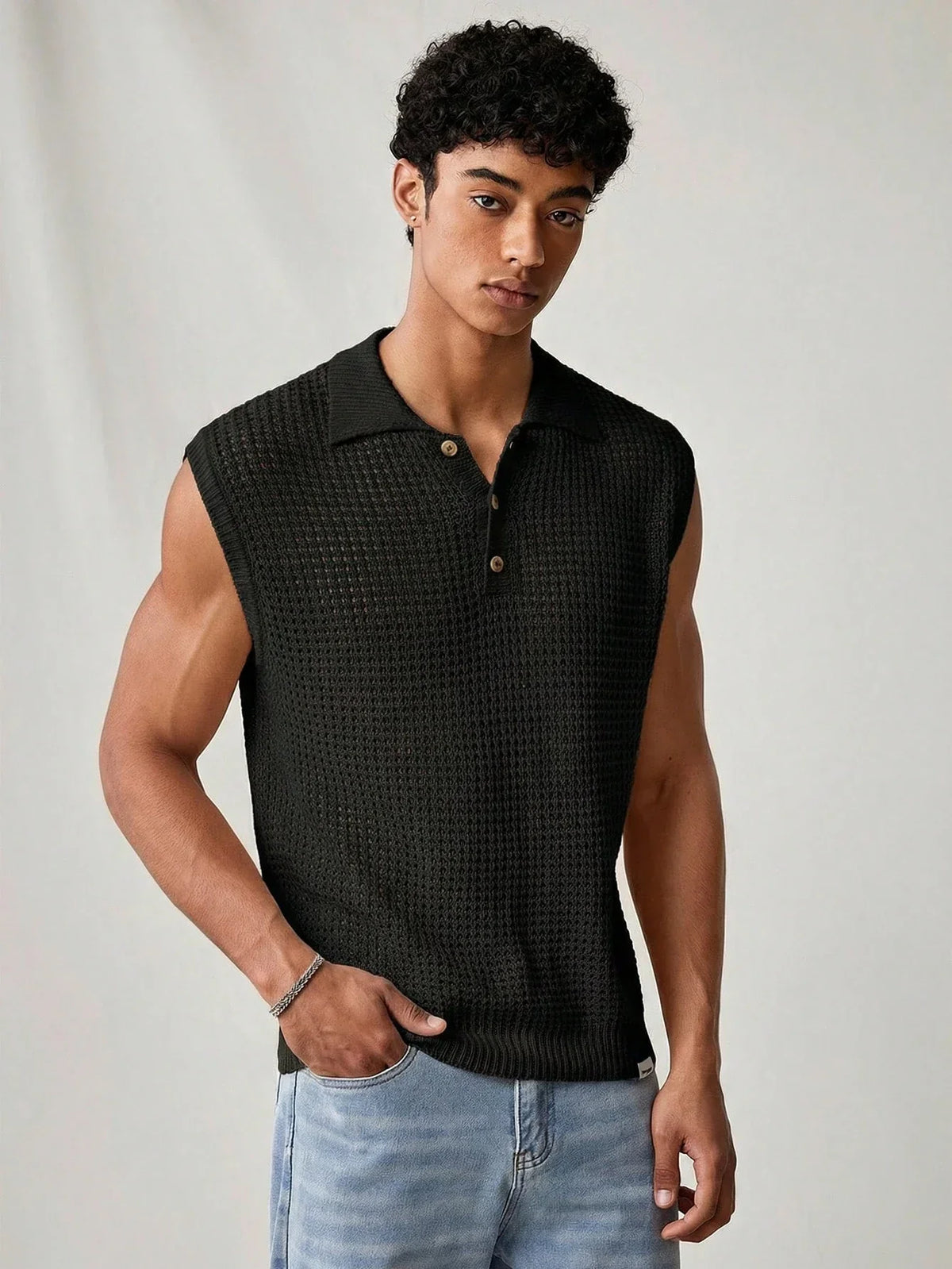Arkon Men's Sleeveless Knit Polo Shirt Pointelle Hollow Out Black