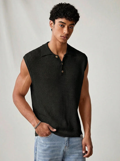Arkon Men's Sleeveless Knit Polo Shirt Pointelle Hollow Out Black