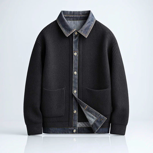 Arkon Men's Ribbed Knit Cardigan With Denim Collar