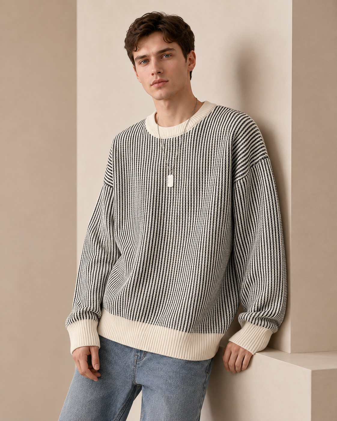 Arkon Strickpullover mit strukturierten Streifen und Rundhalsausschnitt