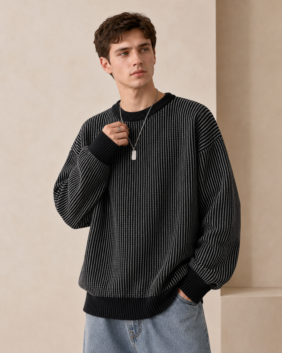 Arkon Strickpullover mit strukturierten Streifen und Rundhalsausschnitt