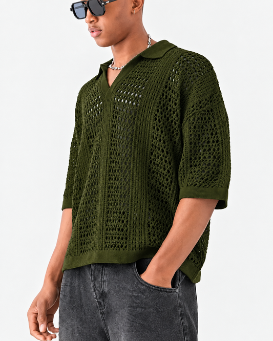 Arkon poloshirt i åben strik med gittermønster