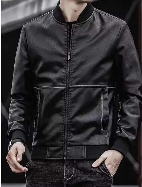 Arkon Men's Baseball Collar Leather Jacket