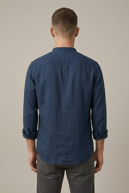 Camisa de manga larga de mezcla de lino con cuello mao para hombre Arkon