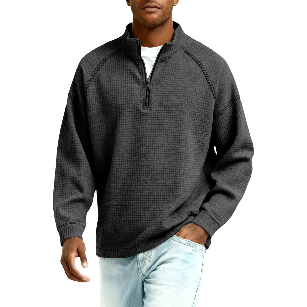 Arkon Męski sweter pulowerowy z dzianiny waflowej i zamkiem 1/4, swobodny fason, casualowy top
