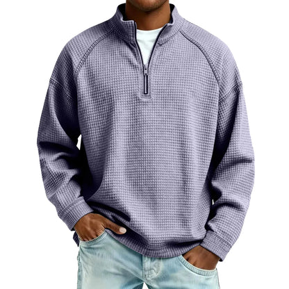 Arkon Męski sweter pulowerowy z dzianiny waflowej i zamkiem 1/4, swobodny fason, casualowy top
