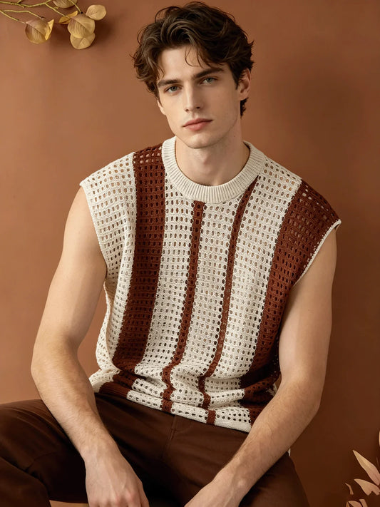 Arkon Men Hollow Out Striped Knit Vest Loose Fit