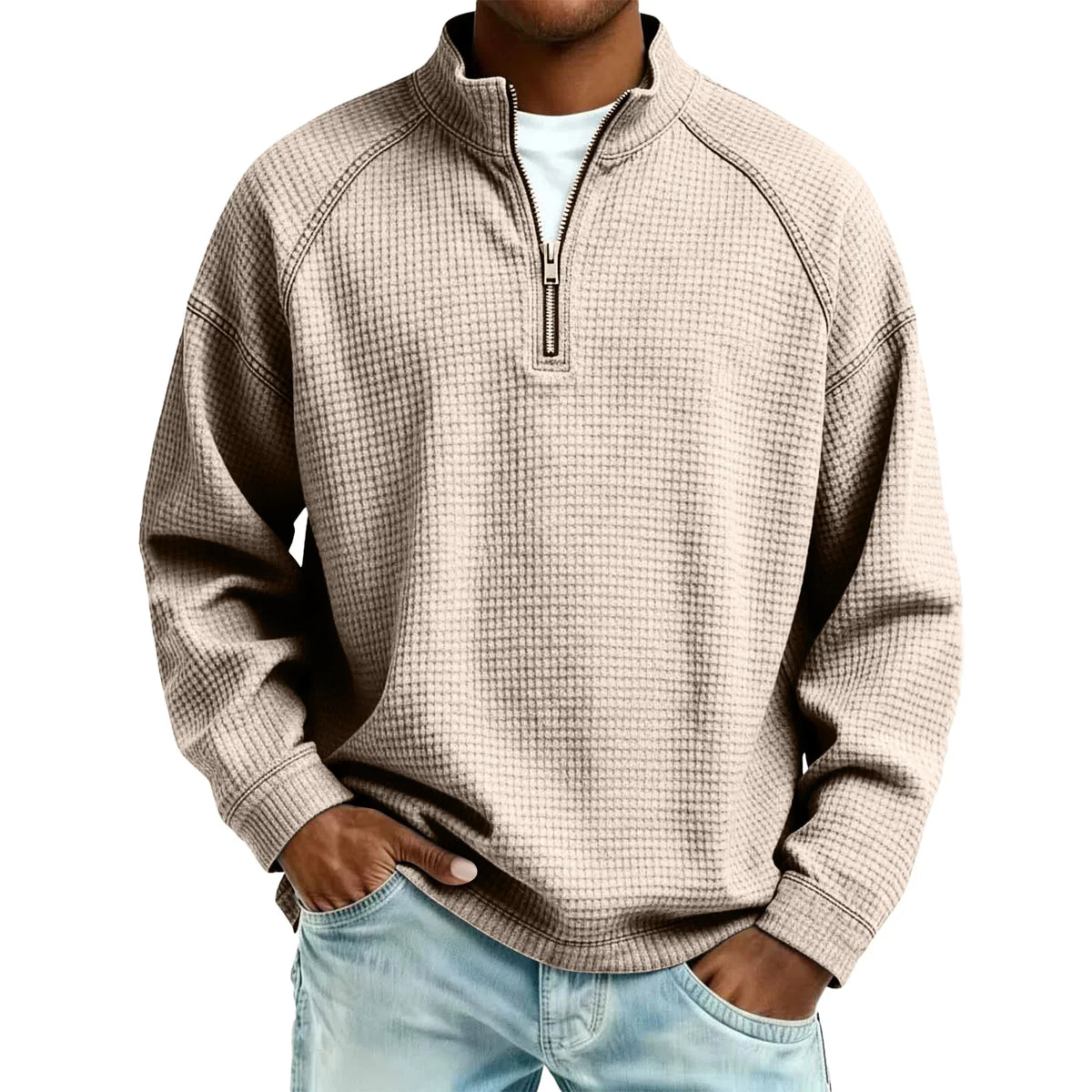 Arkon Męski sweter pulowerowy z dzianiny waflowej i zamkiem 1/4, swobodny fason, casualowy top