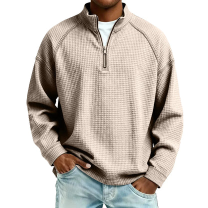 Arkon Męski sweter pulowerowy z dzianiny waflowej i zamkiem 1/4, swobodny fason, casualowy top