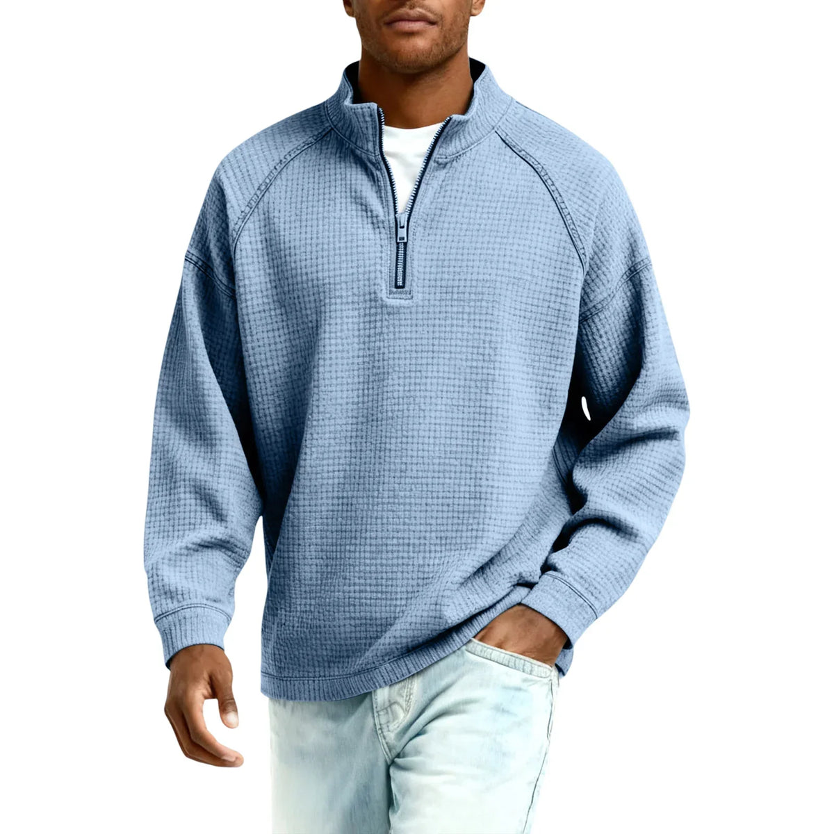 Arkon Męski sweter pulowerowy z dzianiny waflowej i zamkiem 1/4, swobodny fason, casualowy top