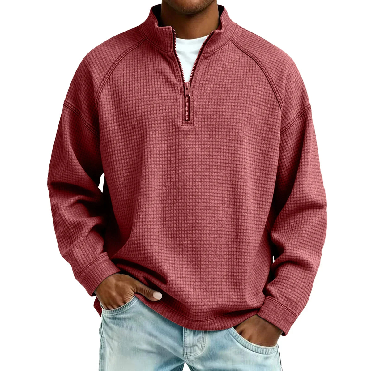 Arkon Męski sweter pulowerowy z dzianiny waflowej i zamkiem 1/4, swobodny fason, casualowy top