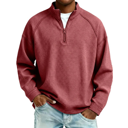 Arkon Męski sweter pulowerowy z dzianiny waflowej i zamkiem 1/4, swobodny fason, casualowy top