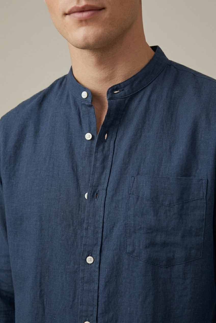 Camisa de manga larga de mezcla de lino con cuello mao para hombre Arkon