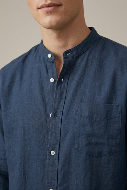 Camisa de manga larga de mezcla de lino con cuello mao para hombre Arkon