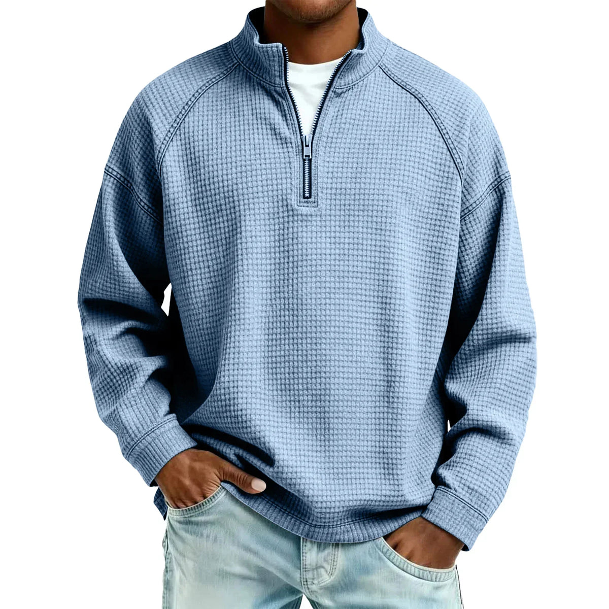 Arkon Męski sweter pulowerowy z dzianiny waflowej i zamkiem 1/4, swobodny fason, casualowy top
