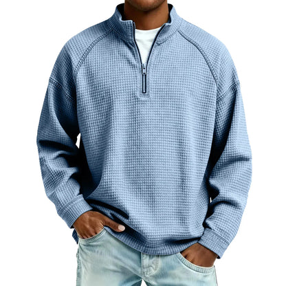 Arkon Męski sweter pulowerowy z dzianiny waflowej i zamkiem 1/4, swobodny fason, casualowy top