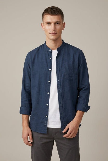 Camisa de manga larga de mezcla de lino con cuello mao para hombre Arkon