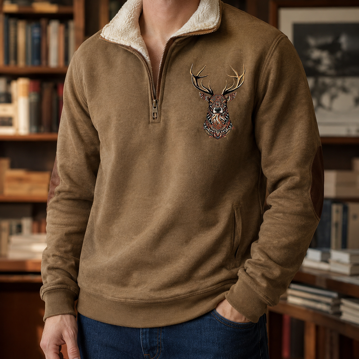 Arkon Quarter Zip Knit Sweater With Deer Motif