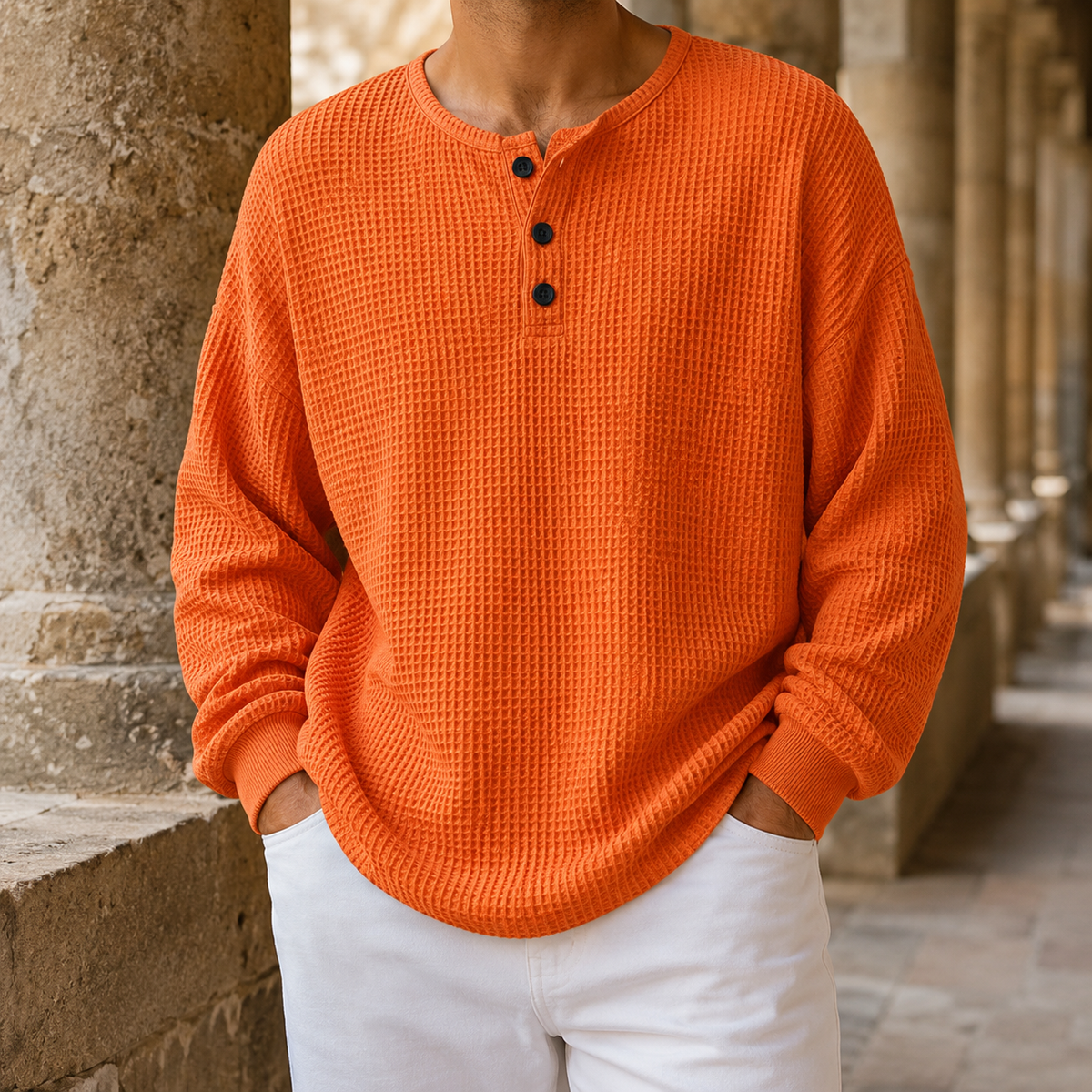 Arkon Henley-Strickpullover aus Waffelstrick mit lässiger Passform