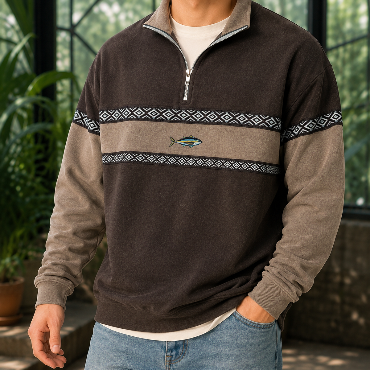 Arkon Sweatshirt mit Viertelreißverschluss und geometrischen Brustbändern