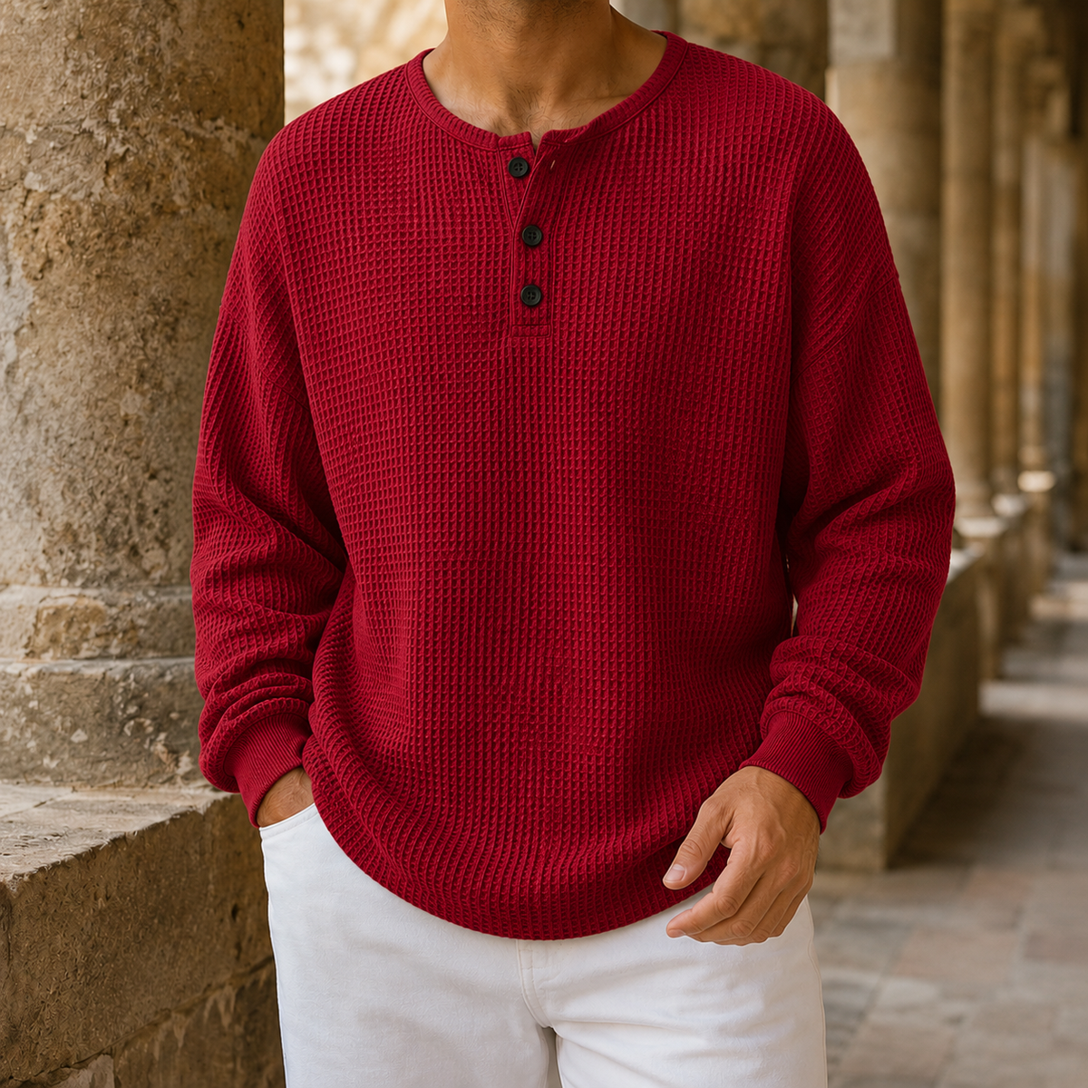 Arkon Henley-Strickpullover aus Waffelstrick mit lässiger Passform